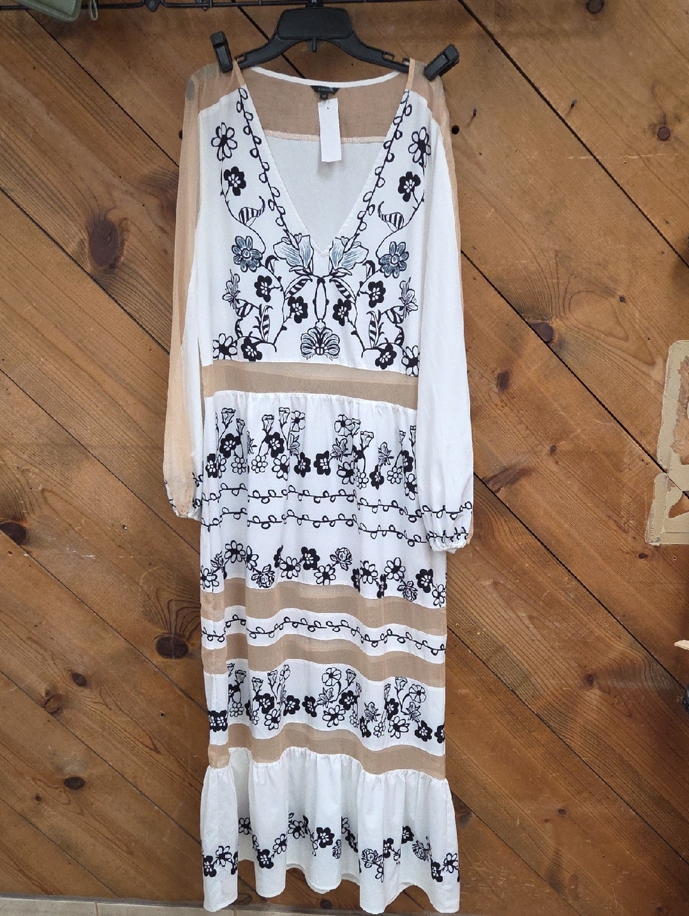 Boho Embroidered Maxi Dress White Black Beige Peasant Cottagecore Midi Dress